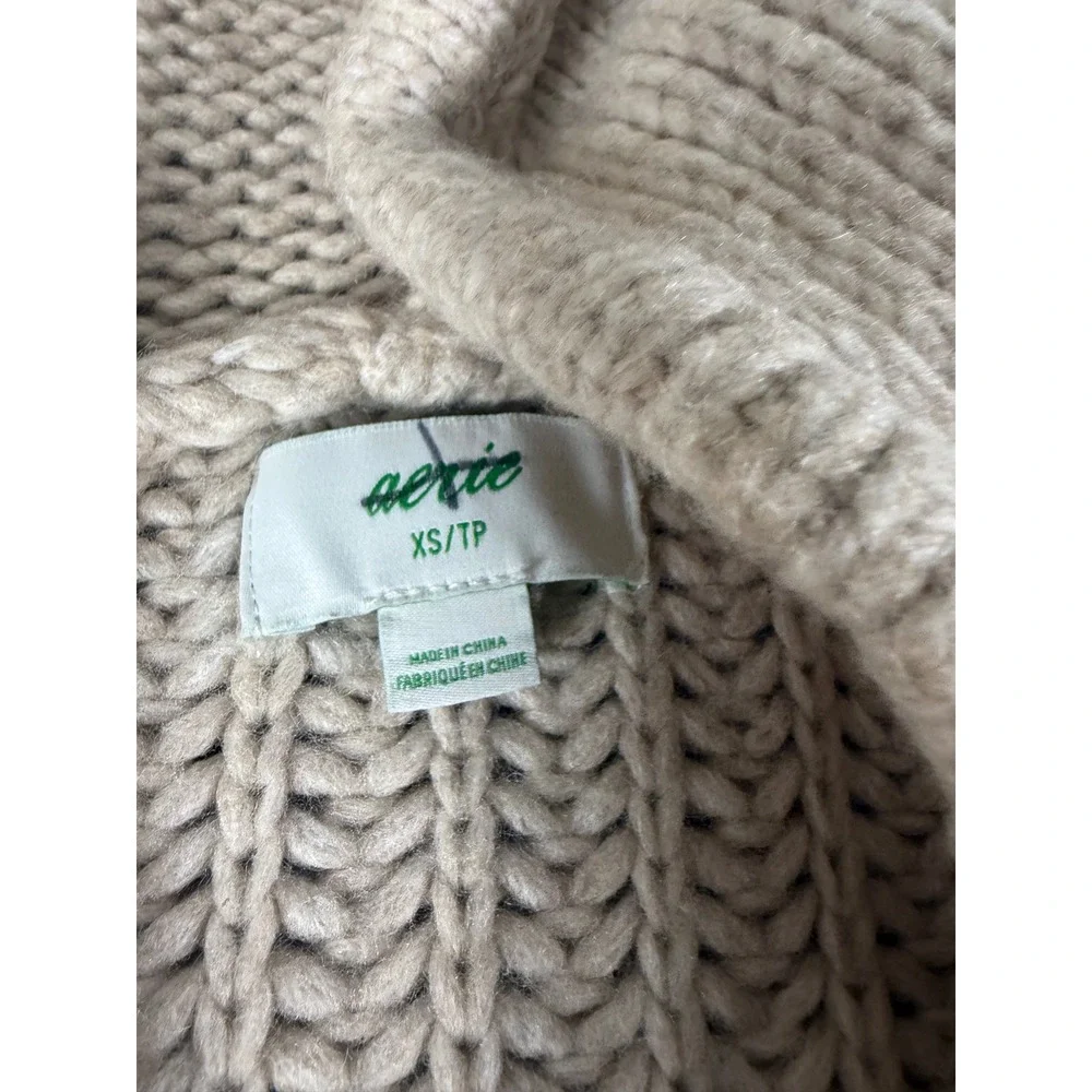 Aerie Womens XS Oatmeal Beige Ribbed Knit Wool Blend Hoodie Sweater Kangaroo